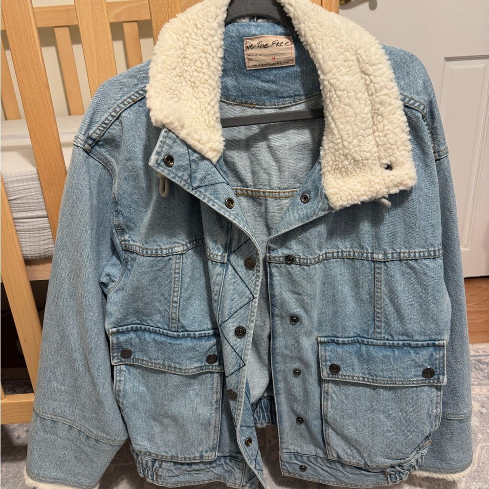 We The Free Light Blue Denim Jacket with Cream Sherpa Collar